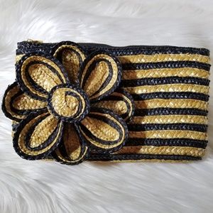 MUD PIE Purse Black & Straw Striped Flower Clutch